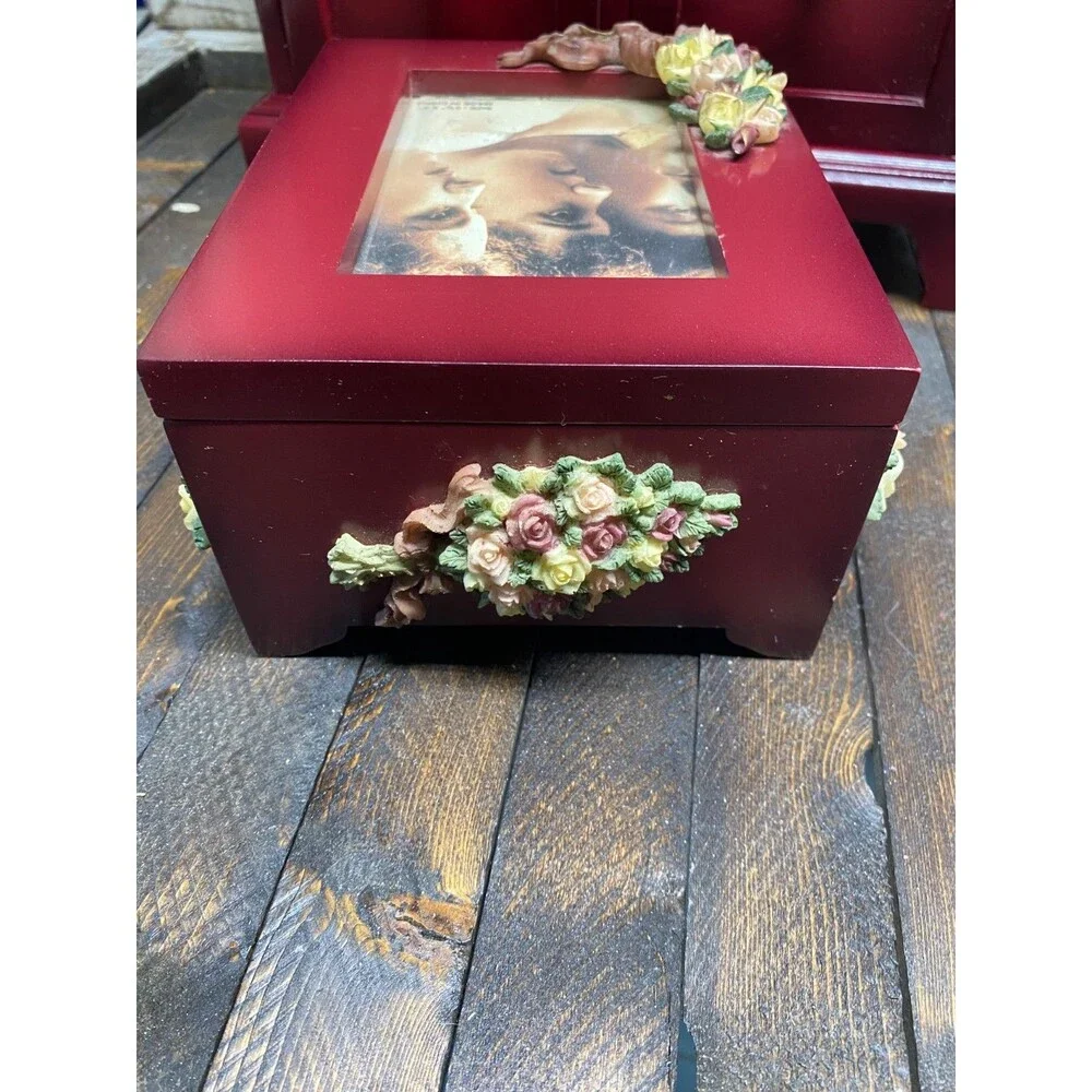 Set 2 Red Wood 4 Drawer Jewelry Chest With Resin Flowers And Trinket Photo Box
